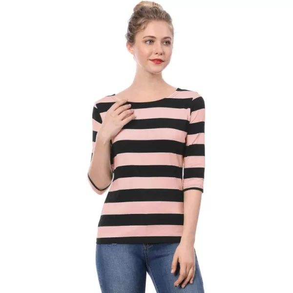 Allegra K Women's Slim Fit Elbow Sleeve Striped Boat Neck T-Shirt