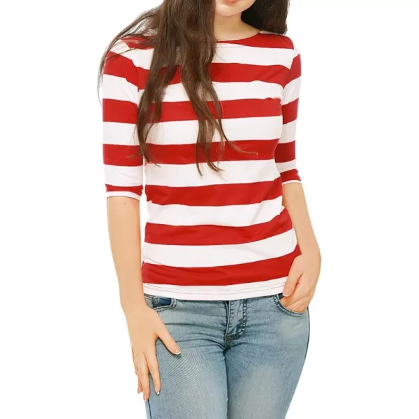 Allegra K Women's Slim Fit Elbow Sleeve Striped Boat Neck T-Shirt