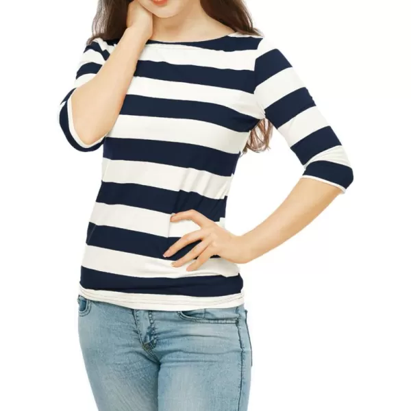 Allegra K Women's Slim Fit Elbow Sleeve Striped Boat Neck T-Shirt