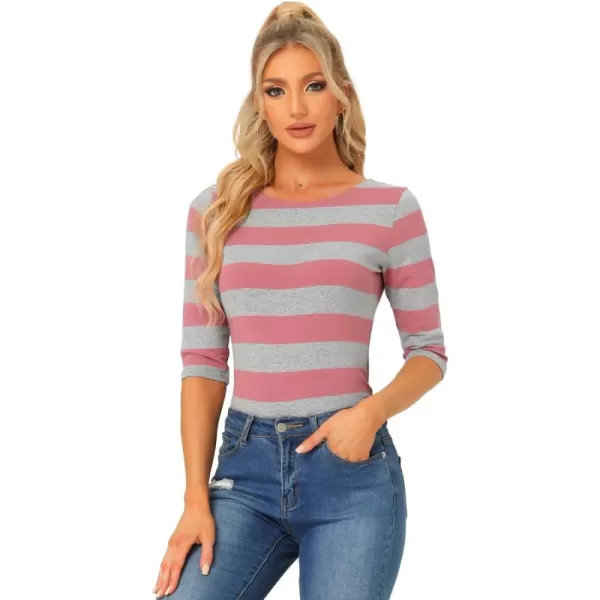 Allegra K Women's Slim Fit Elbow Sleeve Striped Boat Neck T-Shirt