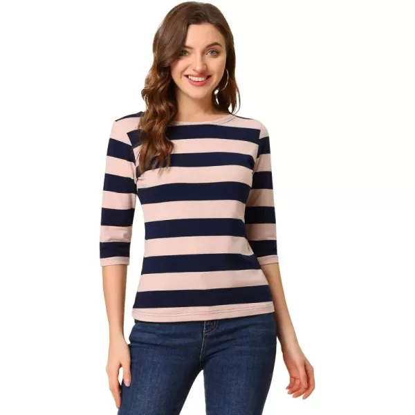 Allegra K Women's Slim Fit Elbow Sleeve Striped Boat Neck T-Shirt