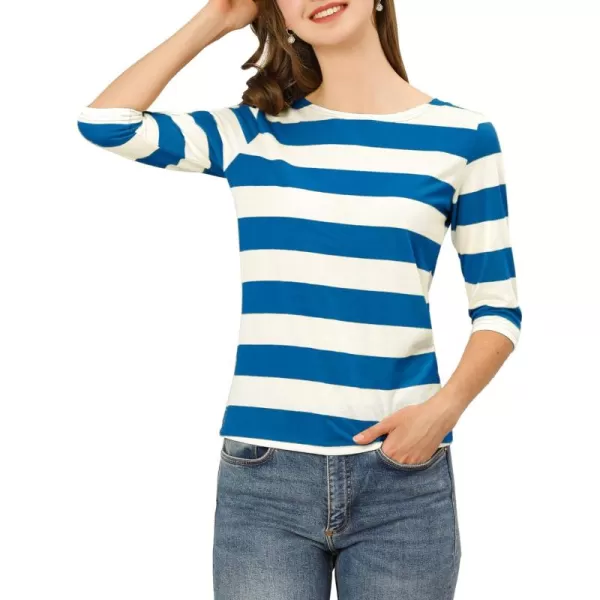 Allegra K Women's Slim Fit Elbow Sleeve Striped Boat Neck T-Shirt