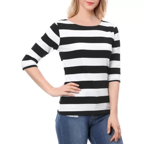 Allegra K Women's Slim Fit Elbow Sleeve Striped Boat Neck T-Shirt