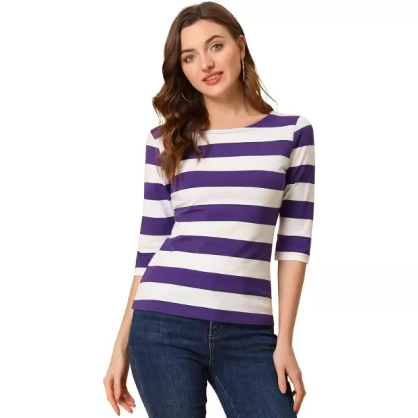 Allegra K Women's Slim Fit Elbow Sleeve Striped Boat Neck T-Shirt