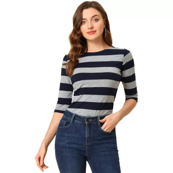 Allegra K Women's Slim Fit Elbow Sleeve Striped Boat Neck T-Shirt