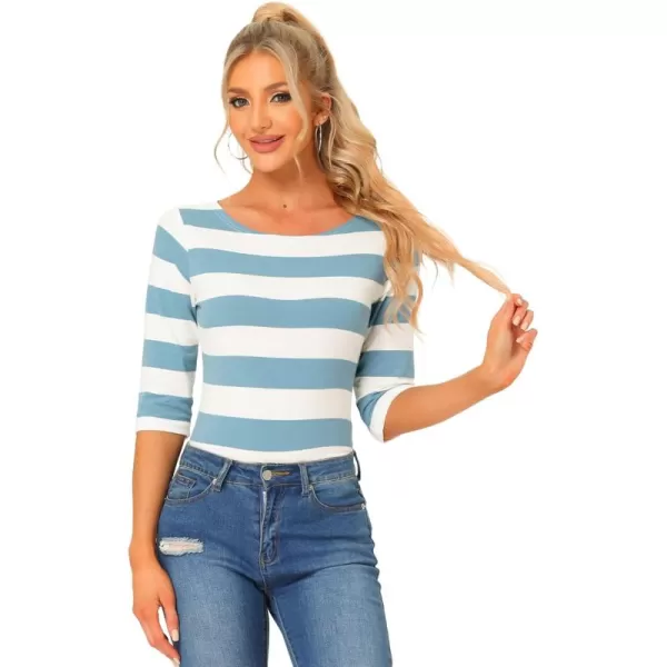 Allegra K Women's Slim Fit Elbow Sleeve Striped Boat Neck T-Shirt