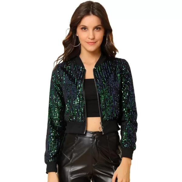 Allegra K Women's Sparkly Glitter Jackets Zipper Front Crop Bomber Sequin Jacket