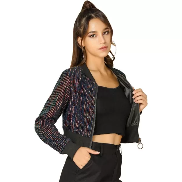 Allegra K Women's Sparkly Glitter Jackets Zipper Front Crop Bomber Sequin Jacket