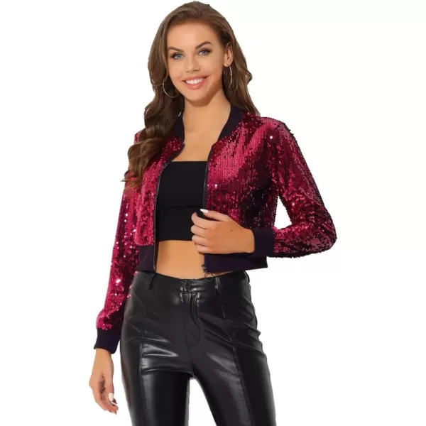 Allegra K Women's Sparkly Glitter Jackets Zipper Front Crop Bomber Sequin Jacket