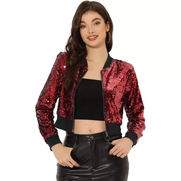 Allegra K Women's Sparkly Glitter Jackets Zipper Front Crop Bomber Sequin Jacket