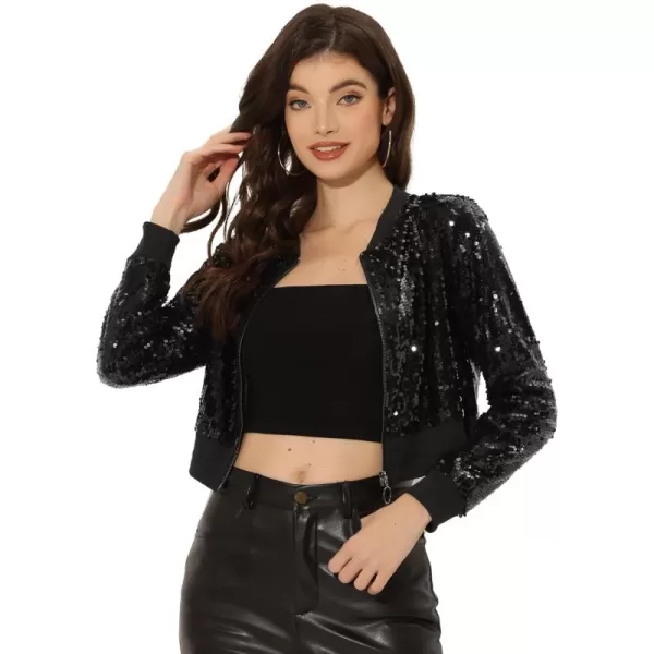 Allegra K Women's Sparkly Glitter Jackets Zipper Front Crop Bomber Sequin Jacket