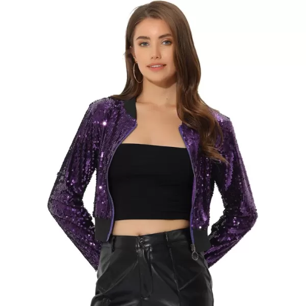 Allegra K Women's Sparkly Glitter Jackets Zipper Front Crop Bomber Sequin Jacket