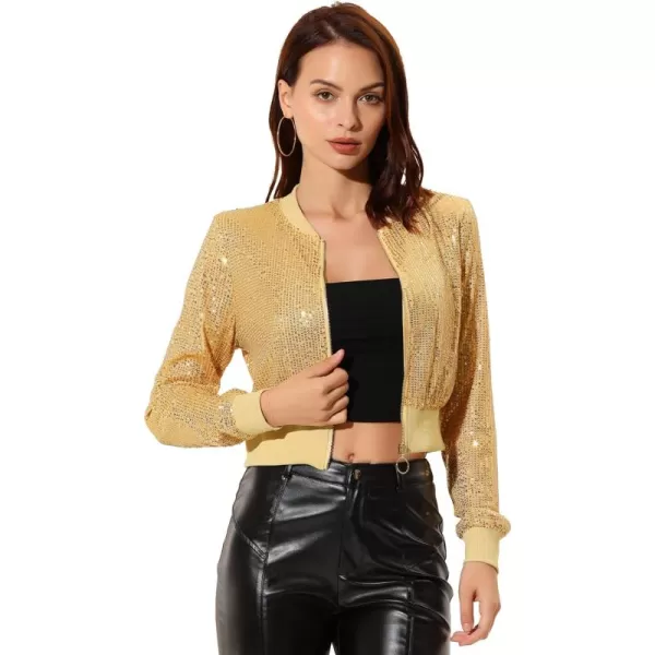 Allegra K Women's Sparkly Glitter Jackets Zipper Front Crop Bomber Sequin Jacket