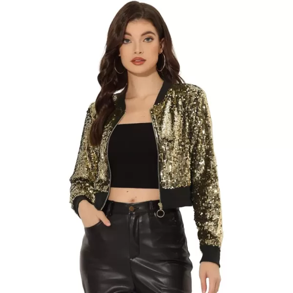 Allegra K Women's Sparkly Glitter Jackets Zipper Front Crop Bomber Sequin Jacket