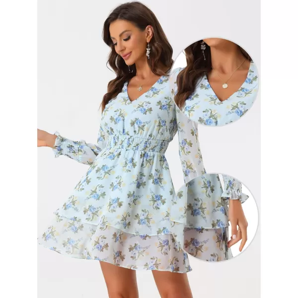 Allegra K Floral Outfits Dresses for Women's V Neck Smocked Waist Chiffon Ruffle Hem Short Dress