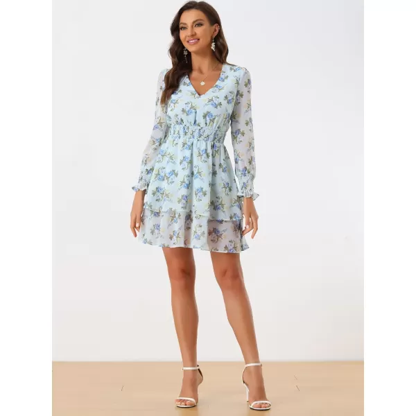 Allegra K Floral Outfits Dresses for Women's V Neck Smocked Waist Chiffon Ruffle Hem Short Dress