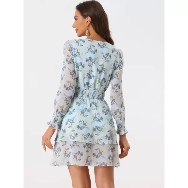 Allegra K Floral Outfits Dresses for Women's V Neck Smocked Waist Chiffon Ruffle Hem Short Dress