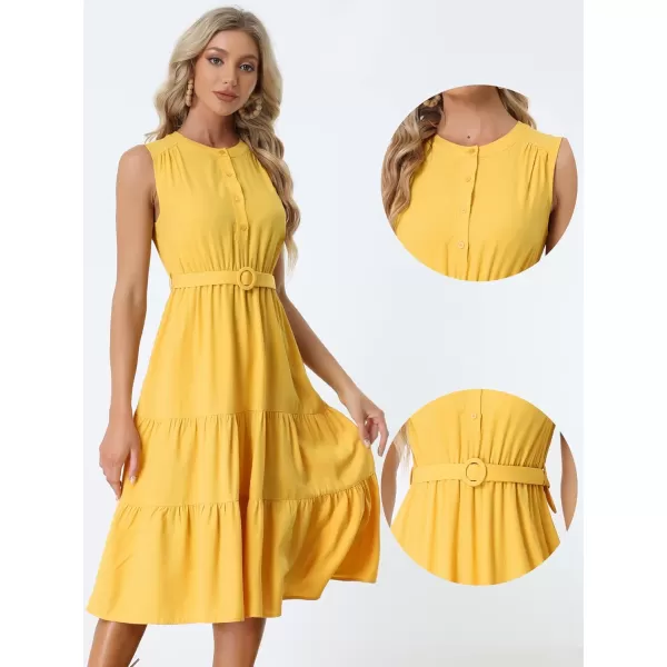 Allegra K Summer Sleeveless Dresses for Women's Casual Elastic Waist Belted Tiered Midi Dress