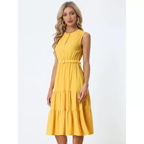 Allegra K Summer Sleeveless Dresses for Women's Casual Elastic Waist Belted Tiered Midi Dress