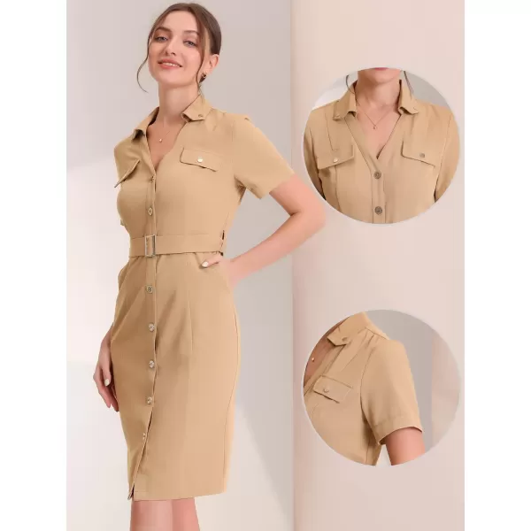 Allegra K V Neck Shirt Dresses for Women's 2023 Belt Waist Short Sleeve Button Down Mini Dress