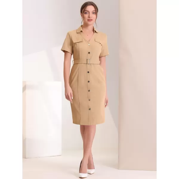 Allegra K V Neck Shirt Dresses for Women's 2023 Belt Waist Short Sleeve Button Down Mini Dress