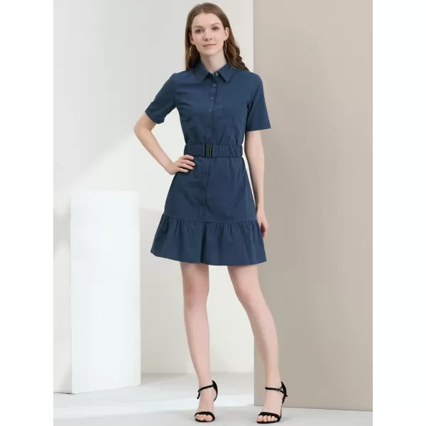 Allegra K Women's Casual Shirt Dress Ruffled Hem Belted Button Up Mini Dresses