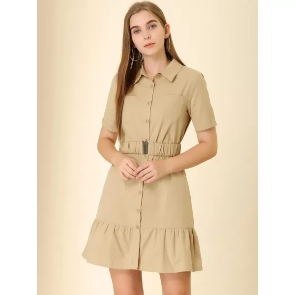 Allegra K Women's Casual Shirt Dress Ruffled Hem Belted Button Up Mini Dresses