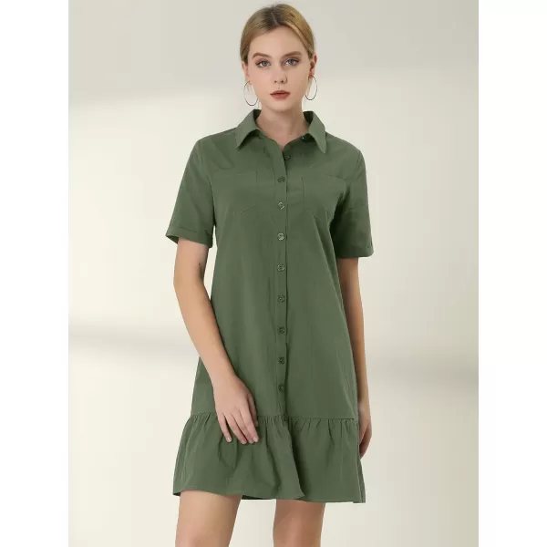 Allegra K Women's Casual Shirt Dress Ruffled Hem Belted Button Up Mini Dresses