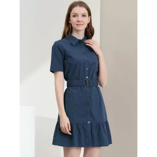 Allegra K Women's Casual Shirt Dress Ruffled Hem Belted Button Up Mini Dresses