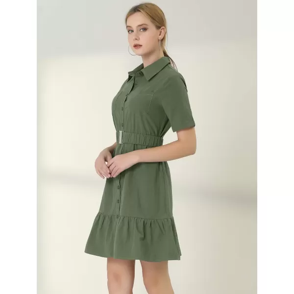 Allegra K Women's Casual Shirt Dress Ruffled Hem Belted Button Up Mini Dresses