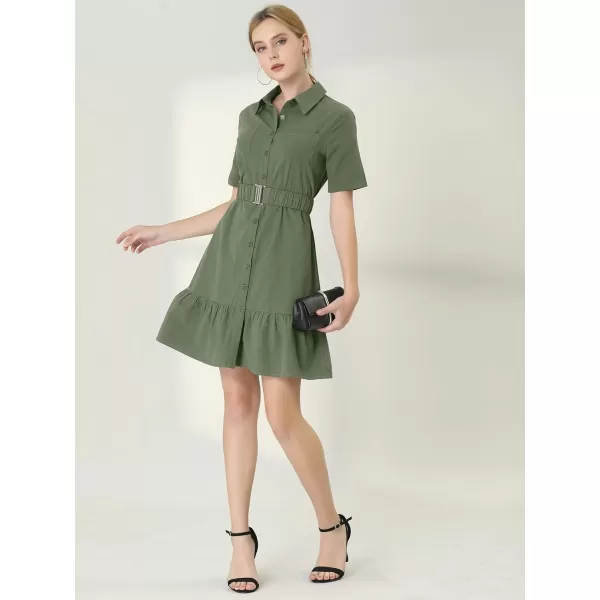 Allegra K Women's Casual Shirt Dress Ruffled Hem Belted Button Up Mini Dresses