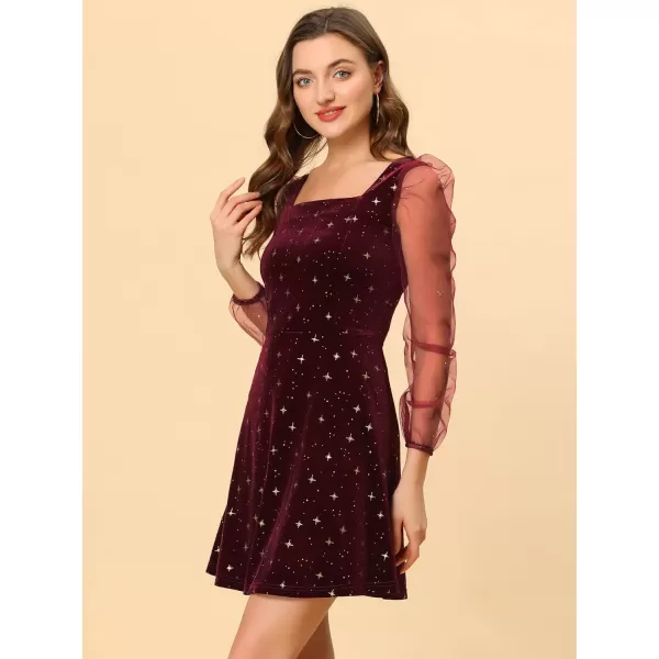 Allegra K Women's Christmas Mesh Sheer Puff Long Sleeve Square Neck Glitter Star Mini Velvet Dress