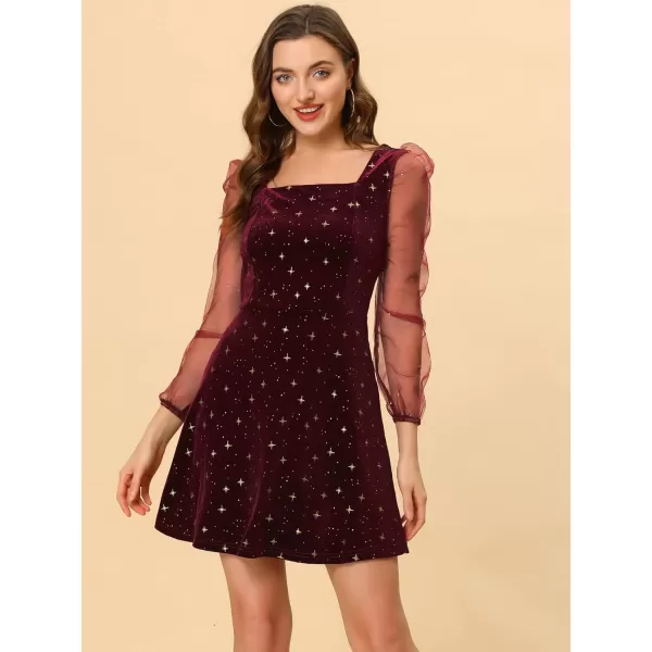 Allegra K Women's Christmas Mesh Sheer Puff Long Sleeve Square Neck Glitter Star Mini Velvet Dress