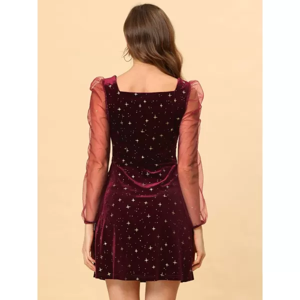 Allegra K Women's Christmas Mesh Sheer Puff Long Sleeve Square Neck Glitter Star Mini Velvet Dress