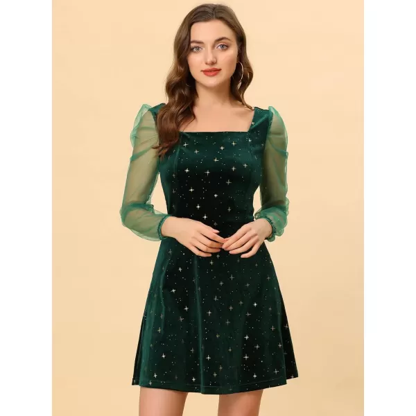 Allegra K Women's Christmas Mesh Sheer Puff Long Sleeve Square Neck Glitter Star Mini Velvet Dress