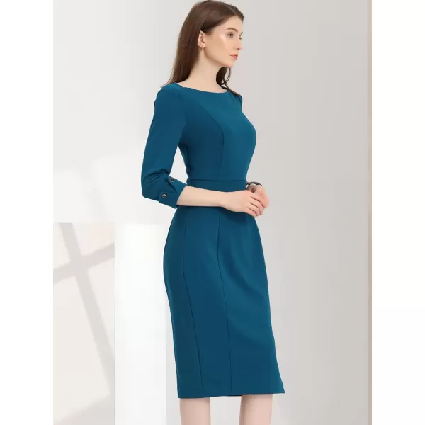 Allegra K Women's Elegant Boat Neck 3/4 Sleeves 2024 Wear to Work Midi Split Sheath Dress