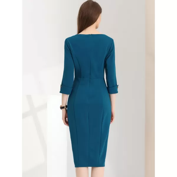 Allegra K Women's Elegant Boat Neck 3/4 Sleeves 2024 Wear to Work Midi Split Sheath Dress