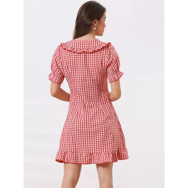 Allegra K Women's Gingham Checks Ruffled Peter Pan Collar 1960s Mini Dress