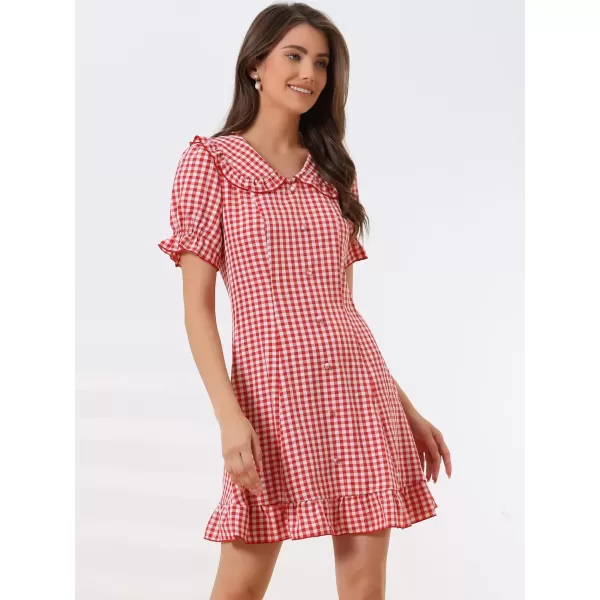 Allegra K Women's Gingham Checks Ruffled Peter Pan Collar 1960s Mini Dress