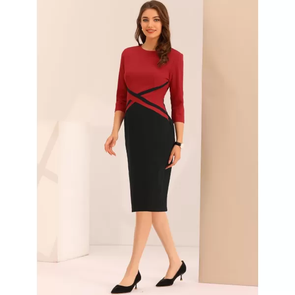 Allegra K Women's Sheath Dresses Contrast Color 3/4 Sleeve Bodycon Work Office Pencil Dress