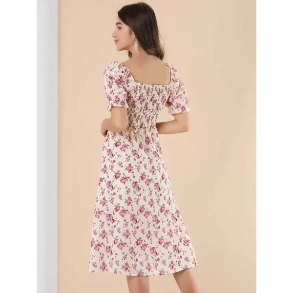 Allegra K Women's Square Neck Puff Sleeves Casual Midi Smocked Floral Dress