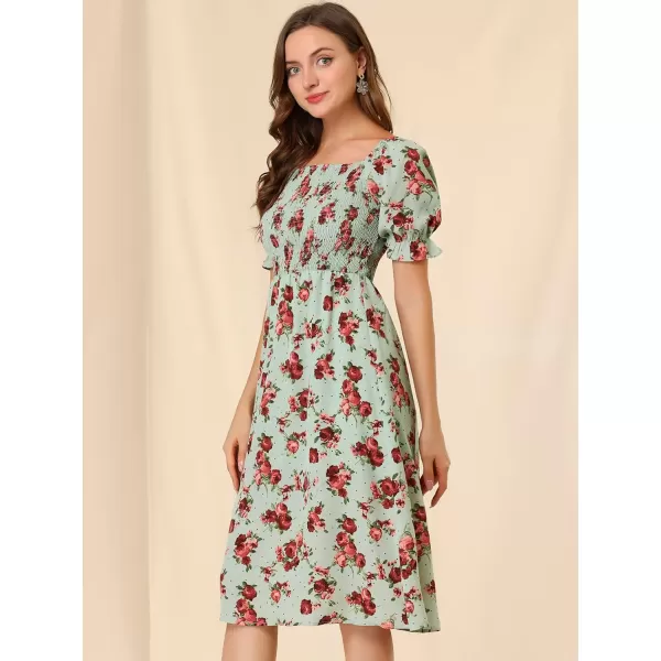 Allegra K Women's Square Neck Puff Sleeves Casual Midi Smocked Floral Dress