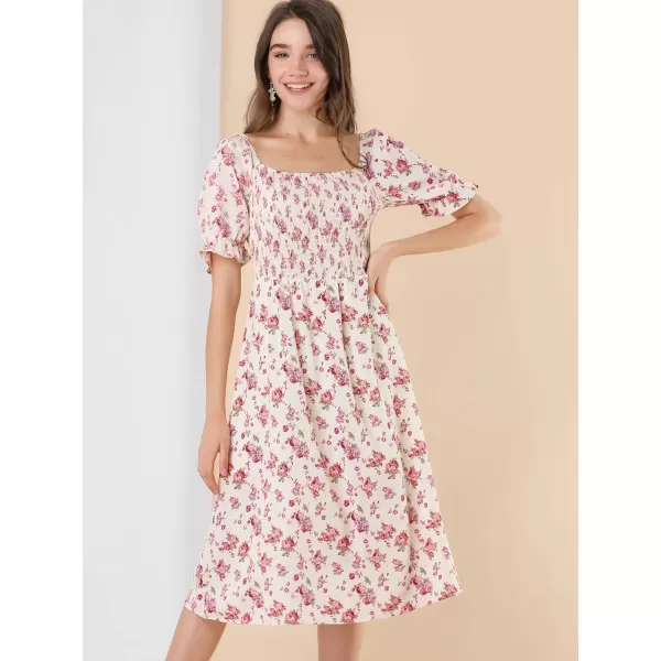 Allegra K Women's Square Neck Puff Sleeves Casual Midi Smocked Floral Dress