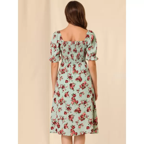 Allegra K Women's Square Neck Puff Sleeves Casual Midi Smocked Floral Dress