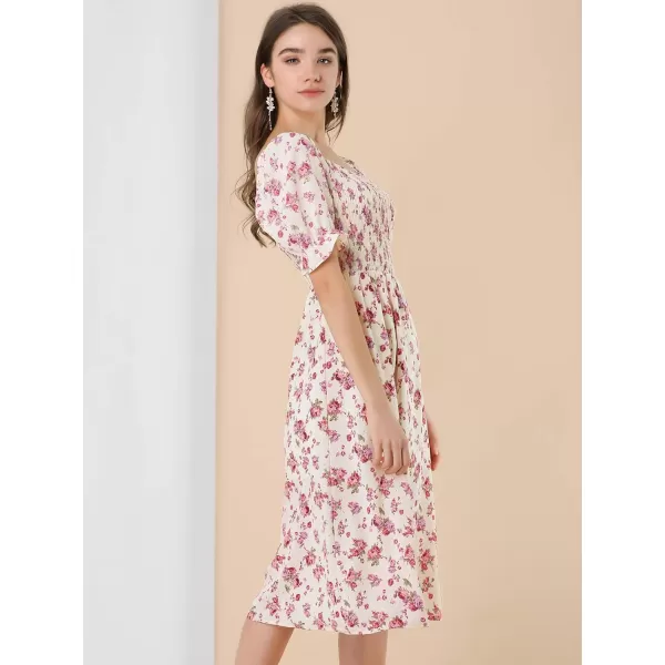 Allegra K Women's Square Neck Puff Sleeves Casual Midi Smocked Floral Dress
