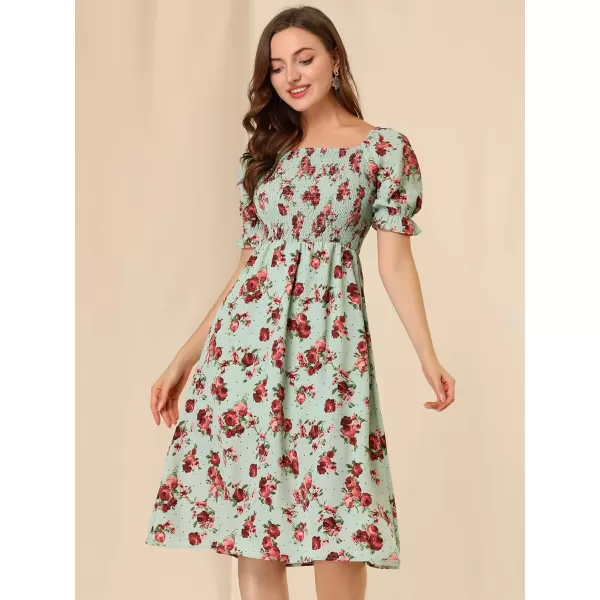 Allegra K Women's Square Neck Puff Sleeves Casual Midi Smocked Floral Dress