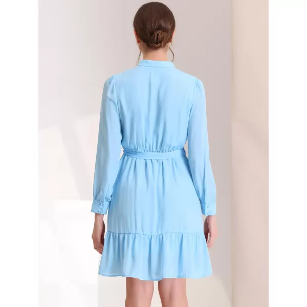 Allegra K Women's Tiered Shirt Dress Stand Collar Long Sleeve Belted Chiffon Ruffle Hem Dress