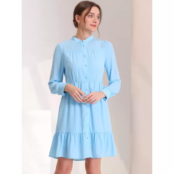 Allegra K Women's Tiered Shirt Dress Stand Collar Long Sleeve Belted Chiffon Ruffle Hem Dress