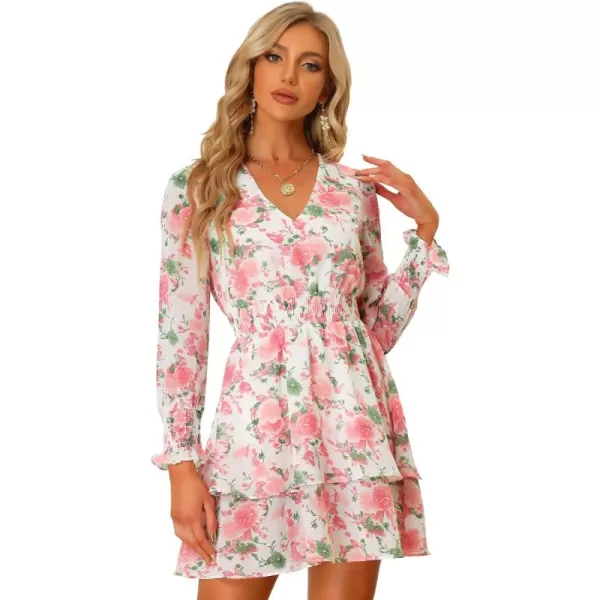 Allegra K Floral Outfits Dresses for Women's V Neck Smocked Waist Chiffon Ruffle Hem Short Dress