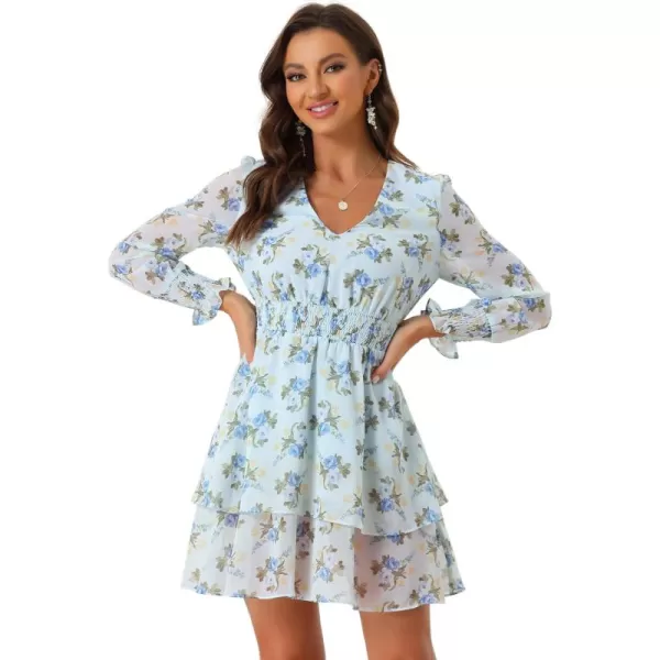 Allegra K Floral Outfits Dresses for Women's V Neck Smocked Waist Chiffon Ruffle Hem Short Dress